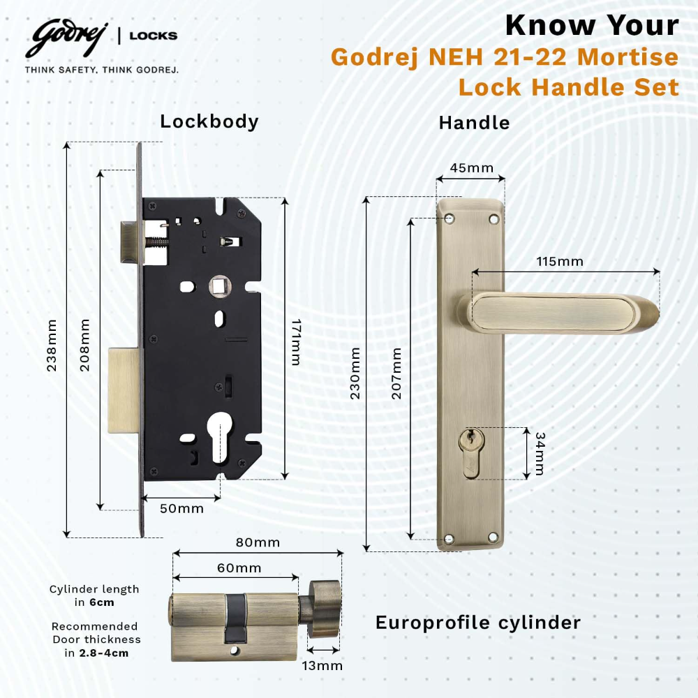Godrej Mortise Lock|Handle Lock Set for Main & Internal Door of Home & Offices|NEH 21|Antique Brass Finish|10 inch Lockbody|60 mm Cylinder Key from Outside knob from Inside & 3 Keys|5 Years Warranty